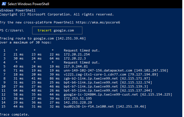 Windows Command Prompt showing tracert results to a domain, illustrating network path and hops for troubleshooting.