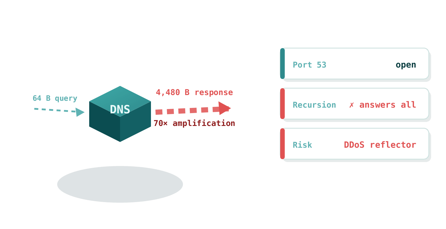 An open resolver turns a small query into a response seventy times larger, a DDoS reflector