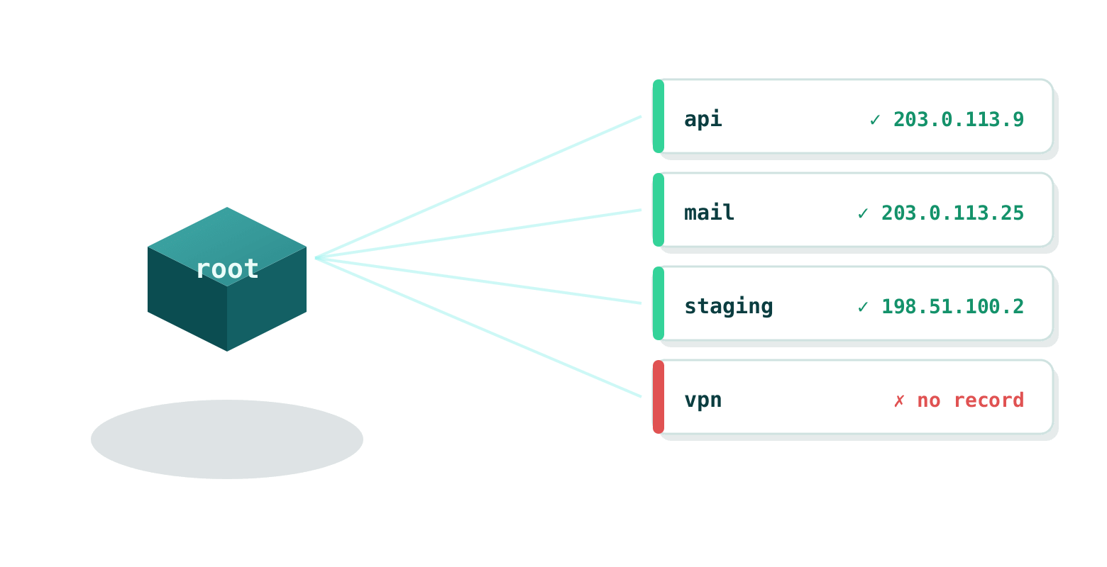 Brute-force discovery under the root domain: api, mail and staging resolve, vpn does not